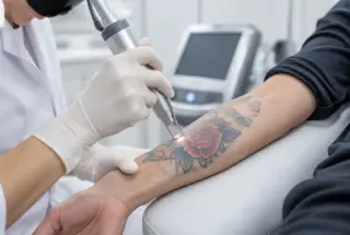 Professionnel de santé réalisant une séance de détatouage laser sur un tatouage coloré de l’avant-bras dans une clinique dermatologique.